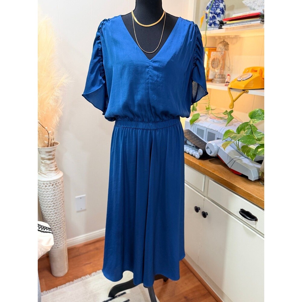 Ann Taylor Royal Blue Flutter Sleeve Midi Dress Size Medium | Elegant Minimalist